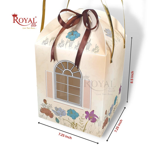 Premium Hut Theme Boxes I  7.5x7.5x8.5 Inch I Cream Color Gold Leaf Printing I Christmas Gifting, Wedding, Corporate, Birthday Return Gifting Hamper Bags Royal Box Shop