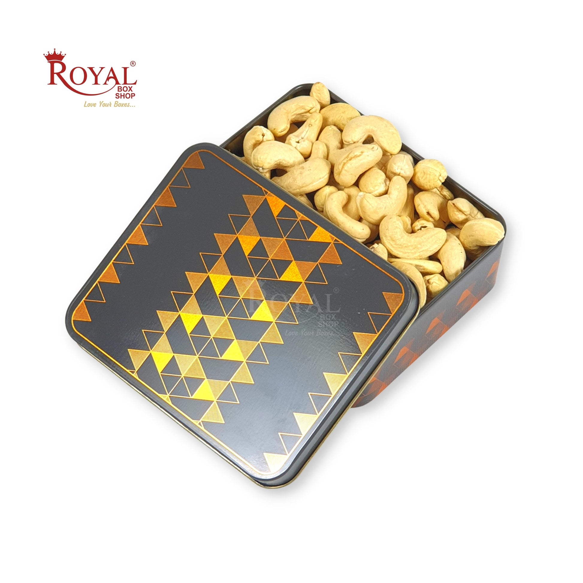 Premium Tin Box I Golden Foiling I 4"x4.75"x1.5" Inches I Grey Color I For Return Gifts, Hamper Box, Dry Fruits Packing Royal Box Shop