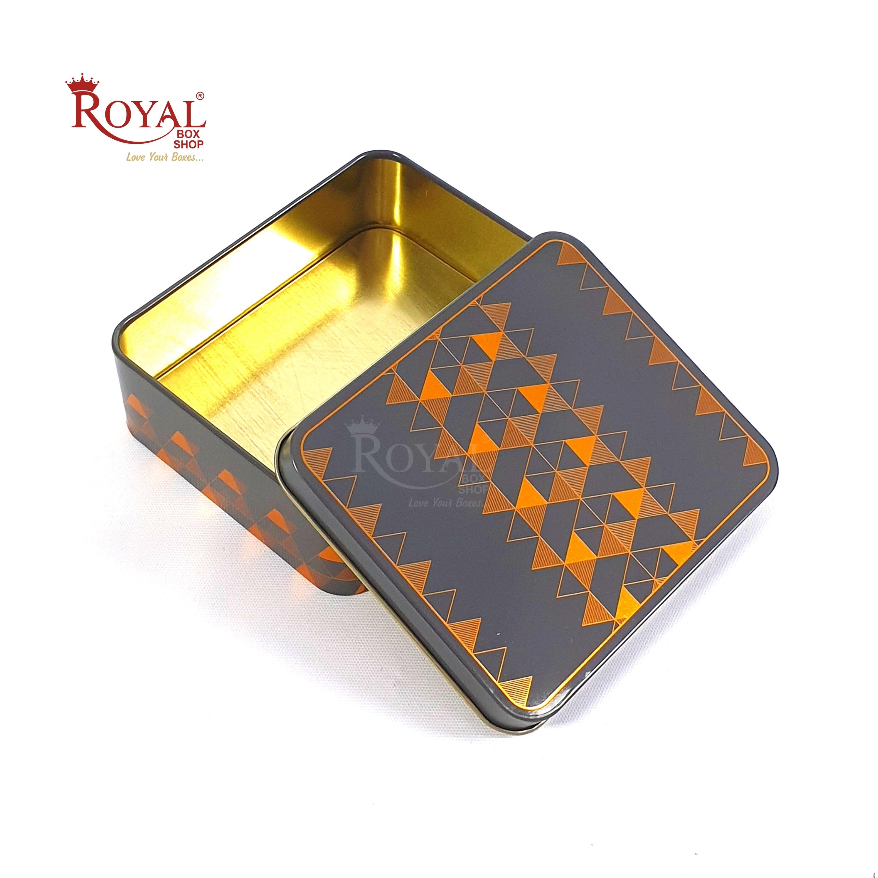 Premium Tin Box I Golden Foiling I 4 x4.75 x1.5 Inches I Grey Color I For Return Gifts Hamper Box Dry Fruits Packing I Shop Online from Royal Box Shop
