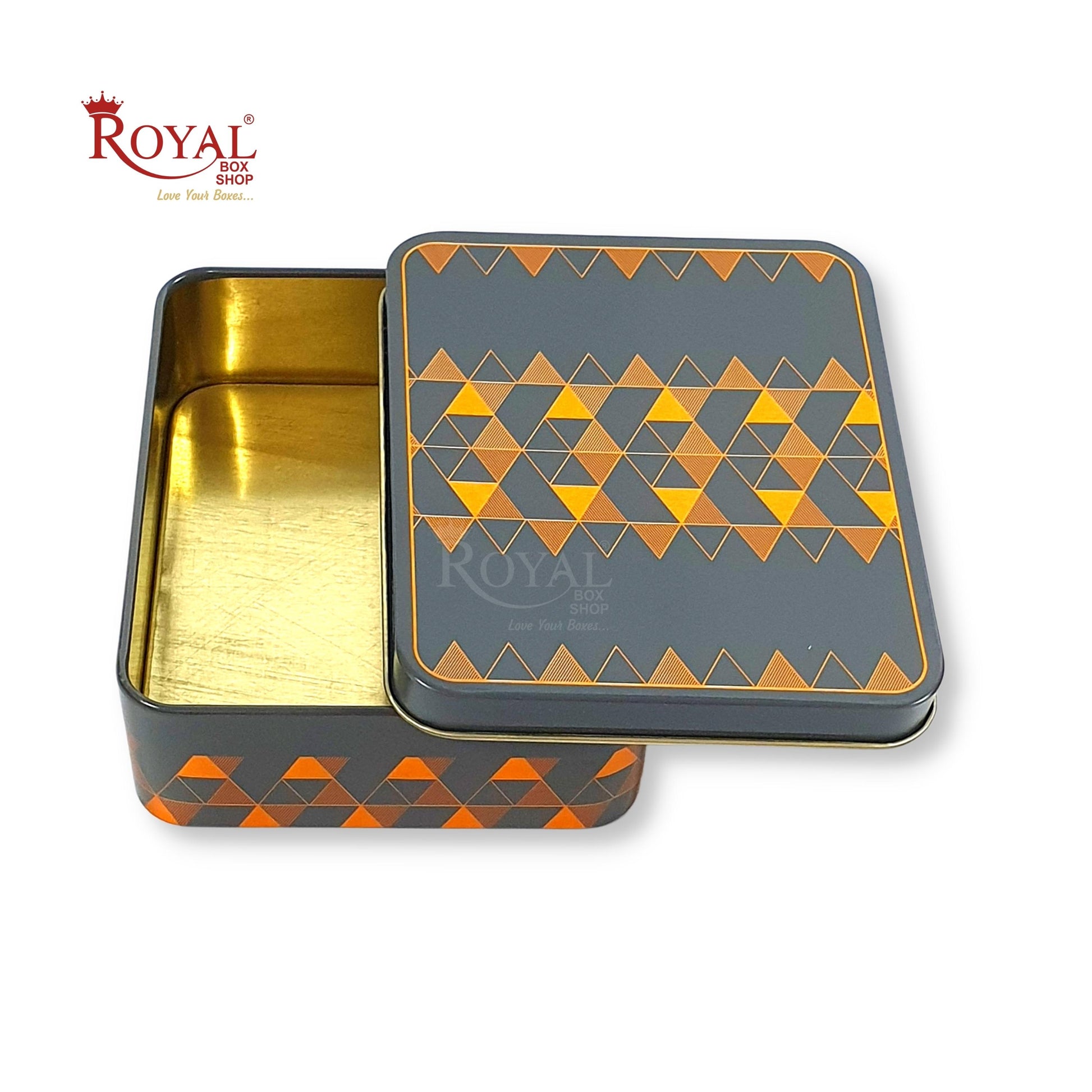Premium Tin Box I Golden Foiling I 4"x4.75"x1.5" Inches I Grey Color I For Return Gifts, Hamper Box, Dry Fruits Packing Royal Box Shop