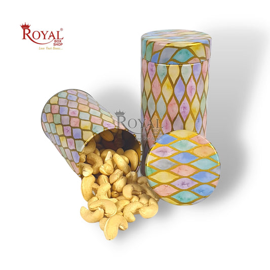 Premium Tin Jars I 6"x3" Inches I Multicolor I Golden Foiling I Cannister for Return Gifts, Christmas GIft, Hamper Box, Storage Royal Box Shop