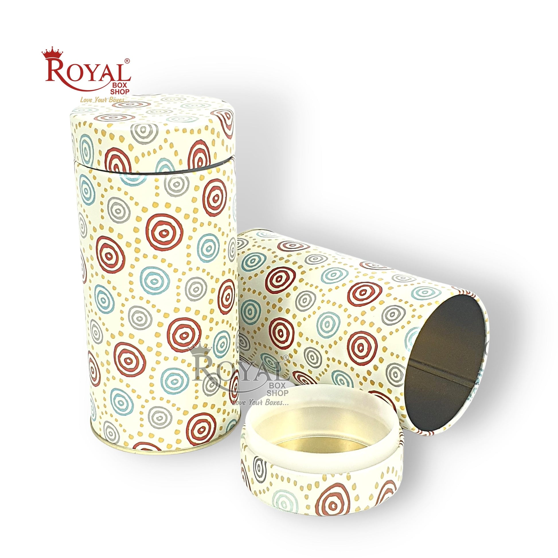 Premium Tin Jars I 6"x3" Inches I Polka Multi Color I Golden Foiling I Cannister for Return Gifts, Christmas GIft, Hamper Box, Storage Royal Box Shop