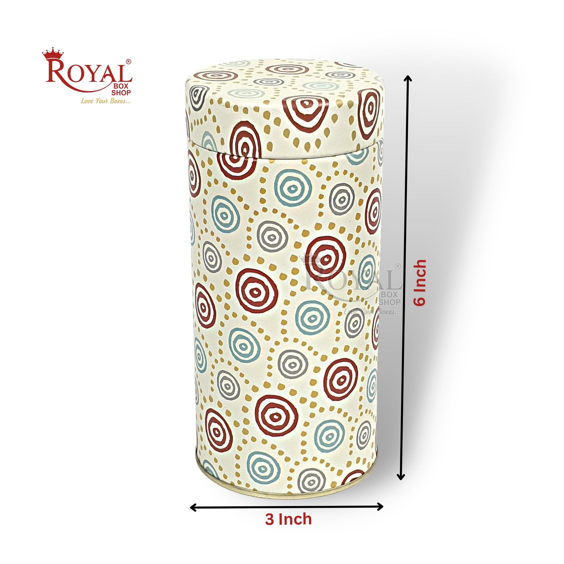 Premium Tin Jars I 6"x3" Inches I Polka Multi Color I Golden Foiling I Cannister for Return Gifts, Christmas GIft, Hamper Box, Storage Royal Box Shop