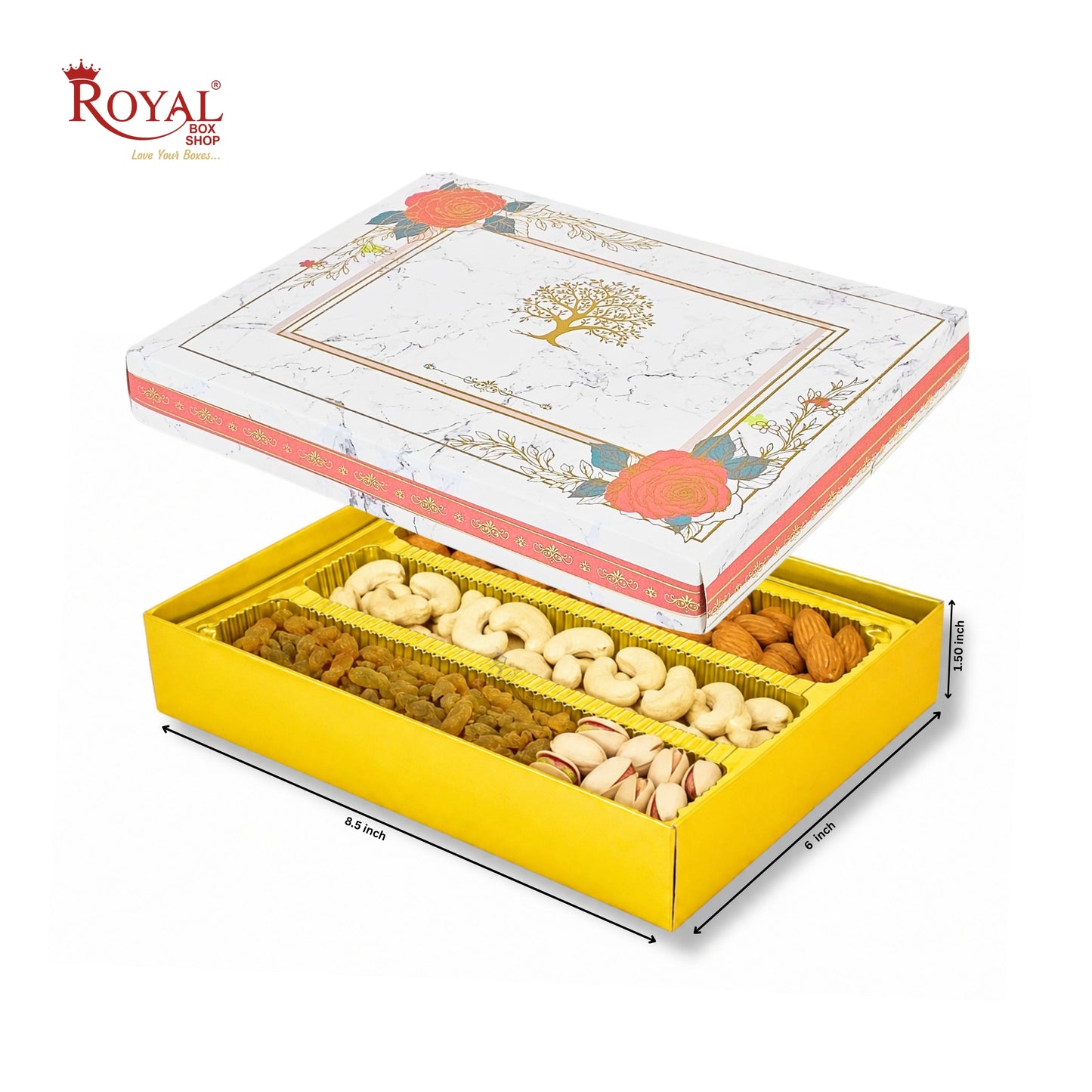 A Royal Panjabi Shop gift box of mixed nuts and dried fruits, shown with its lid lifted to reveal the yellow tray containing cashews, almonds, pistachios, and raisins. The image includes dimension lines and the brand logo in the top left corner.
