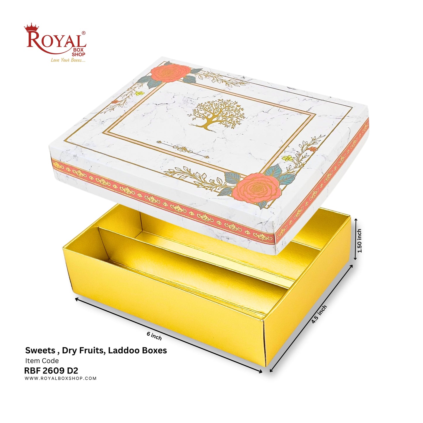 An open Royal Box Shop laddoo box with a white marble-patterned lid decorated with orange roses and a gold tree motif, shown above a metallic gold inner box. The image includes dimension markings and the Royal Box Shop branding on a white background.