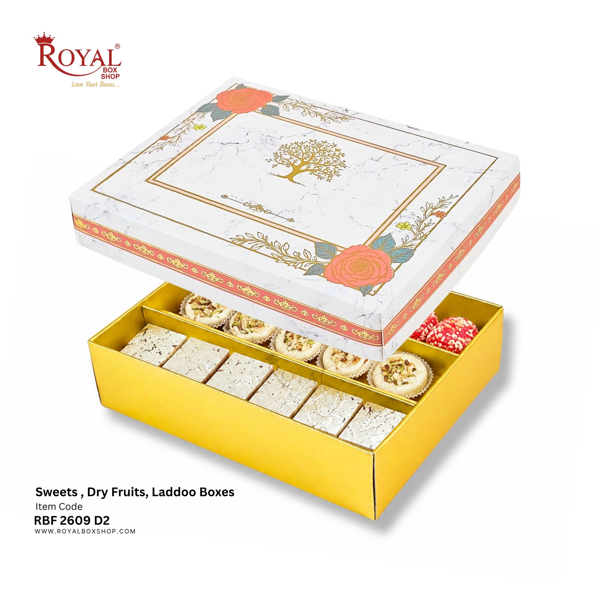 Royal Box Shop laddoo box set containing a gold-colored laddoo box filled with traditional sweets and a decorative white laddoo box with floral and tree designs, shown on a white background with product details text.