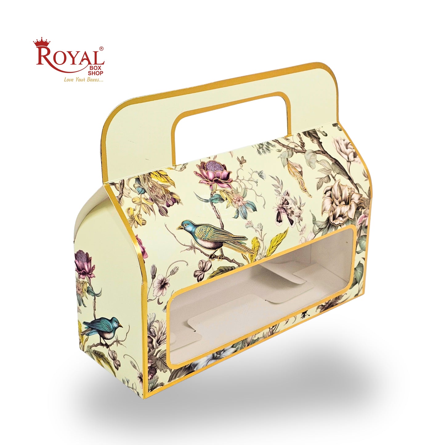 Royal Box Shop® Festive Gift Hamper Box With Handle | RBF-49 D2 | 10.5x4x3.75 Inch | Cream With Bird Print