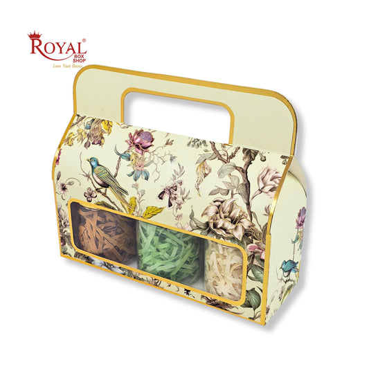 Royal Box Shop® Festive Gift Hamper Box With Handle | RBF-49 D2 | 10.5x4x3.75 Inch | Cream With Bird Print