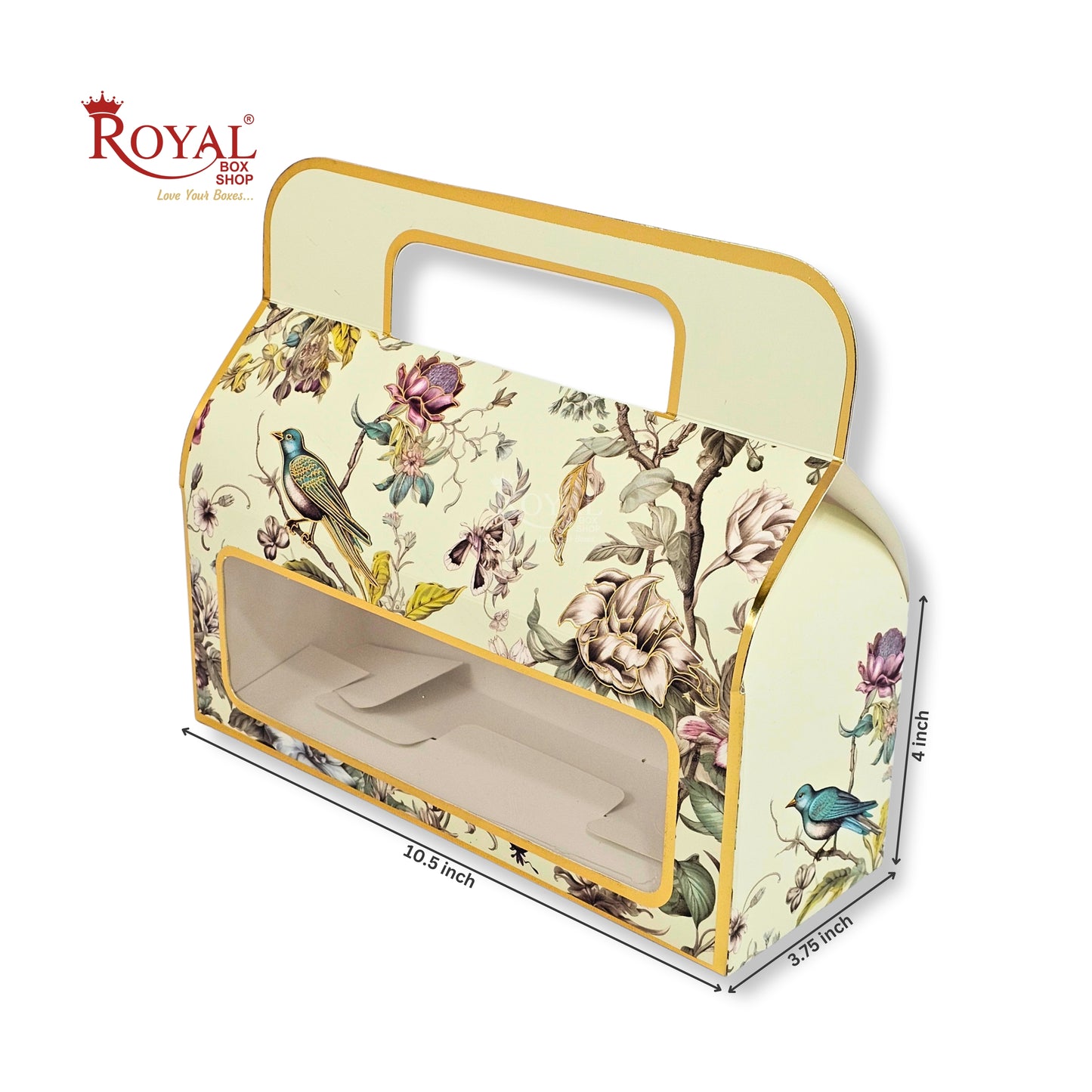 Floral and bird patterned box with handle and measurements, featuring the Royal Box Shop brand.