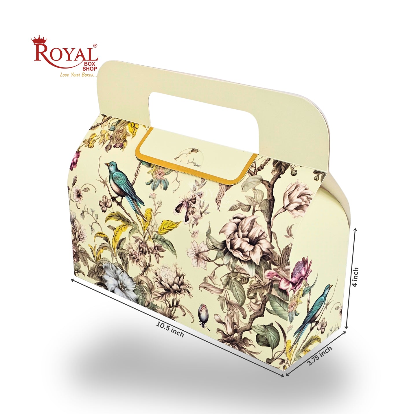 Royal Box Shop® Festive Gift Hamper Box With Handle | RBF-49 D2 | 10.5x4x3.75 Inch | Cream With Bird Print