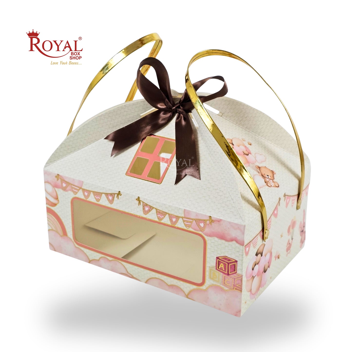 Heart-shaped gift box with a brown ribbon and 'Royal Box Shop' branding on a white background.