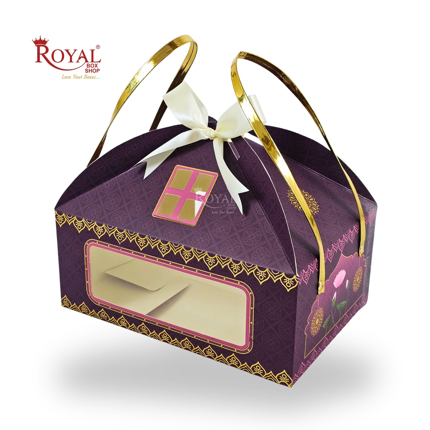 Decorative purple gift box with gold accents and a white bow, featuring the Royal Box Shop logo.
