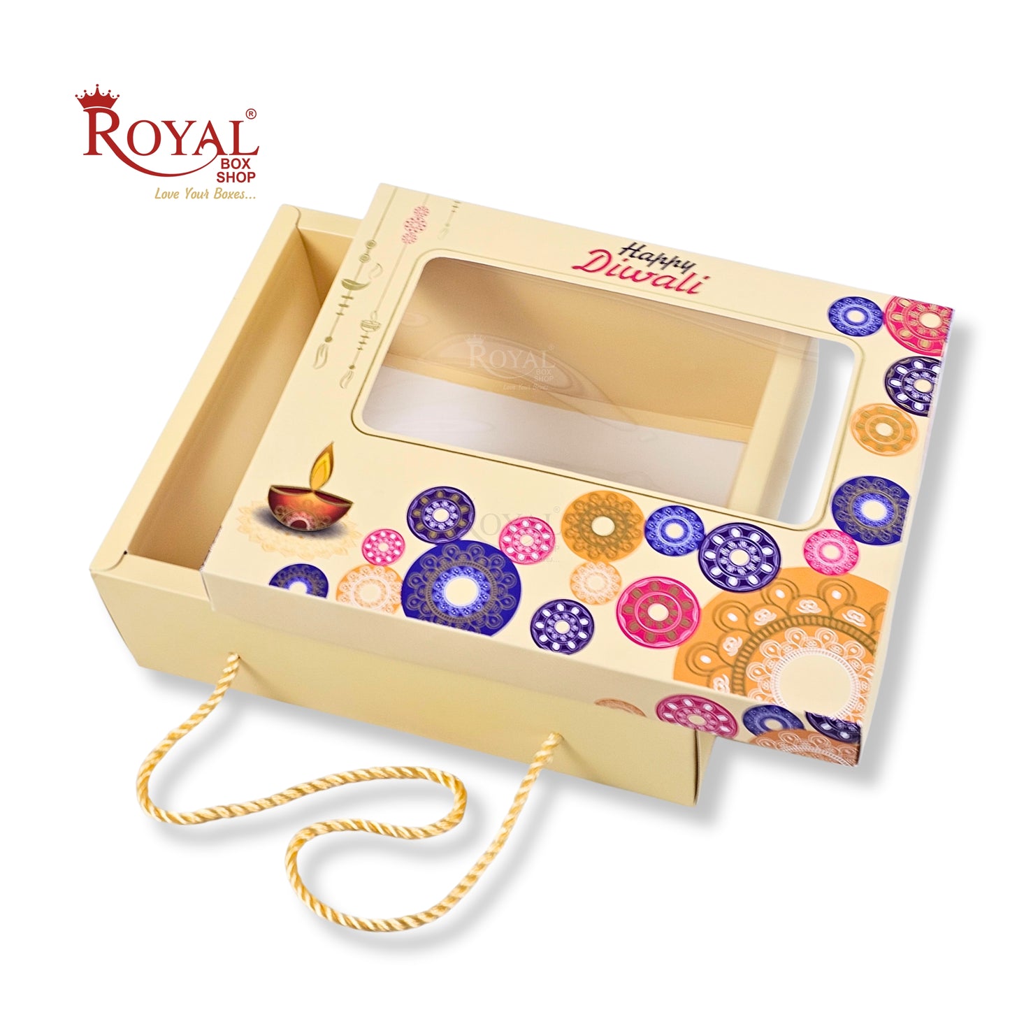Designer Diwali Gift Hamper Box I RBF-52 D4 I Premium Foil Print & Rope Handle
