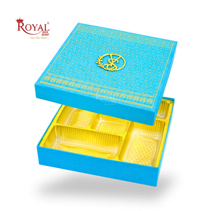 Premium Wedding Favor Bhaji and Sweets Box | 10.5x10.5x2 Inch | Aqua Blue Swirl Print