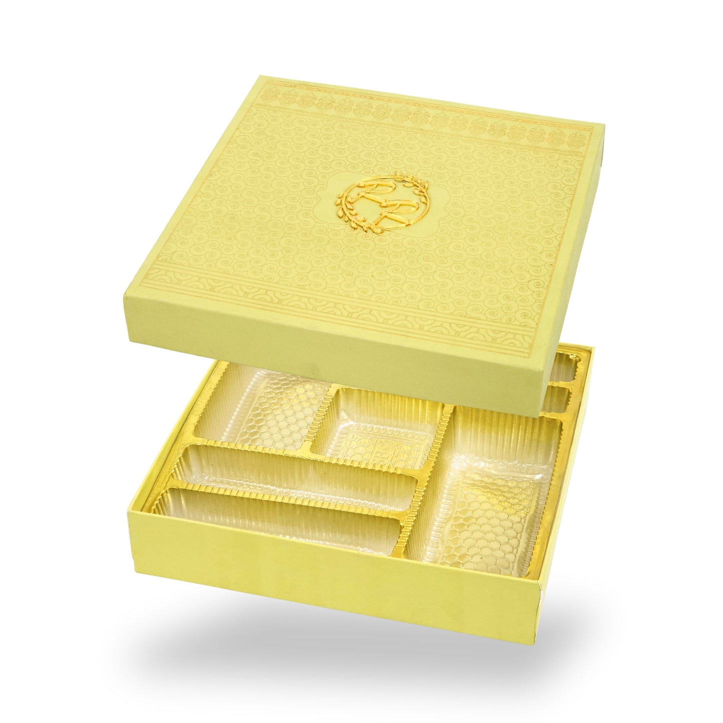Premium Wedding Favor Bhaji and Sweets Box | 10.5x10.5x2 Inch | Yellow Swirl Print