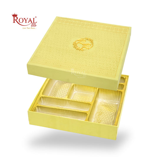 Premium Wedding Favor Bhaji and Sweets Box | 10.5x10.5x2 Inch | Yellow Swirl Print