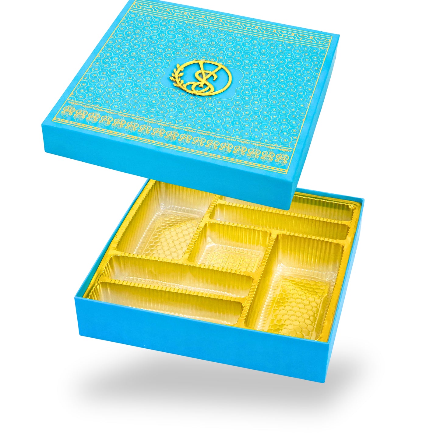 Premium Wedding Favor Bhaji and Sweets Box | 10.5x10.5x2 Inch | Aqua Blue Swirl Print