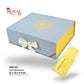 Royal Box Shop gift packaging set featuring a light grey outer box with a gold mandala design and white ribbon, alongside a yellow inner box shown separately on a white background with product text.