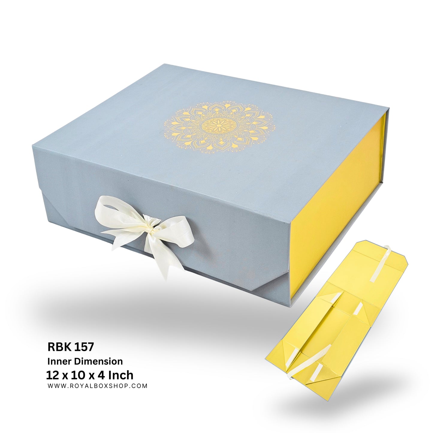 Royal Box Shop® Premium Rigid Gift Box I 12x10x4 Inch I Royal Grey I Collapsible with Ribbon