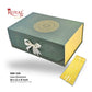 Royal Box Shop presentation packaging box in sage green with a gold mandala design on top, a white ribbon bow, shown alongside its yellow inner box and product text details on a white background.