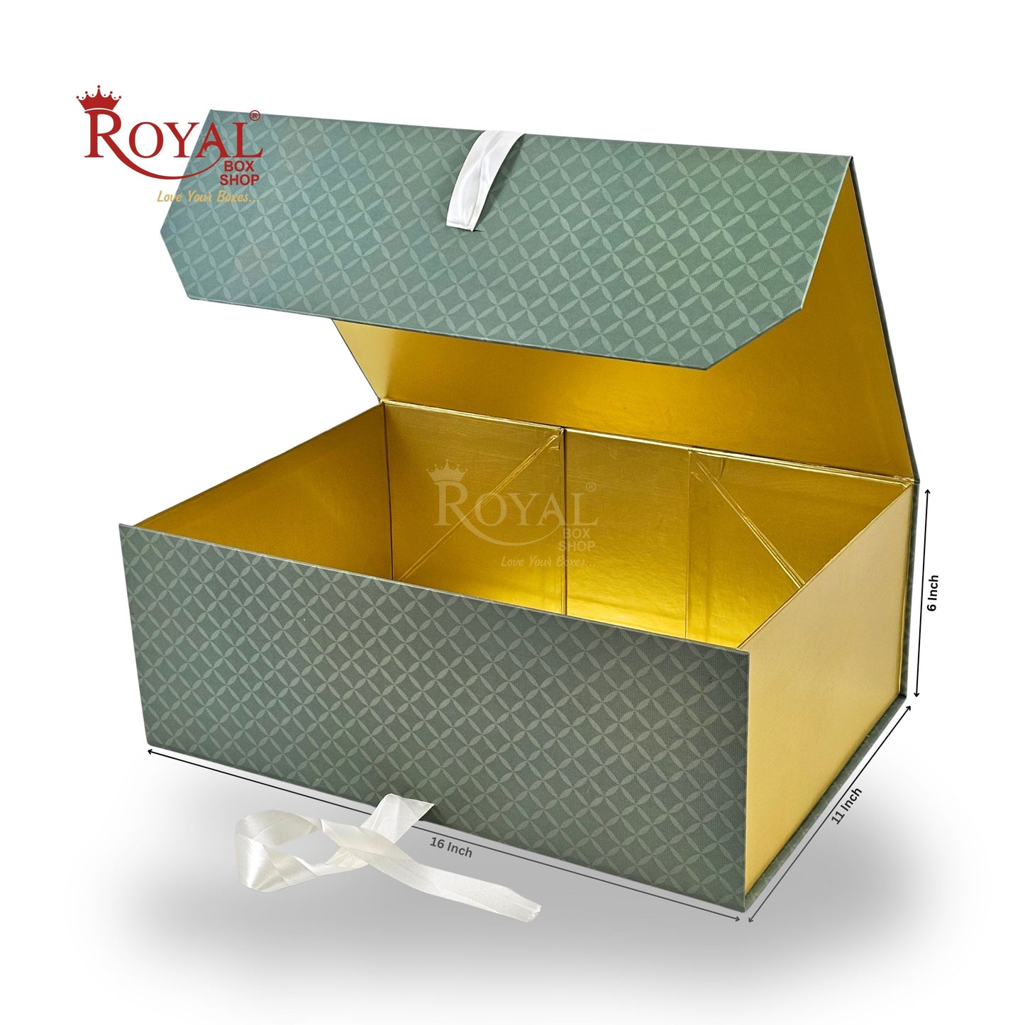Royal Box Shop® Premium Rigid Gift Box I 16x11x6 Inch I Royal Green I Collapsible with Ribbon