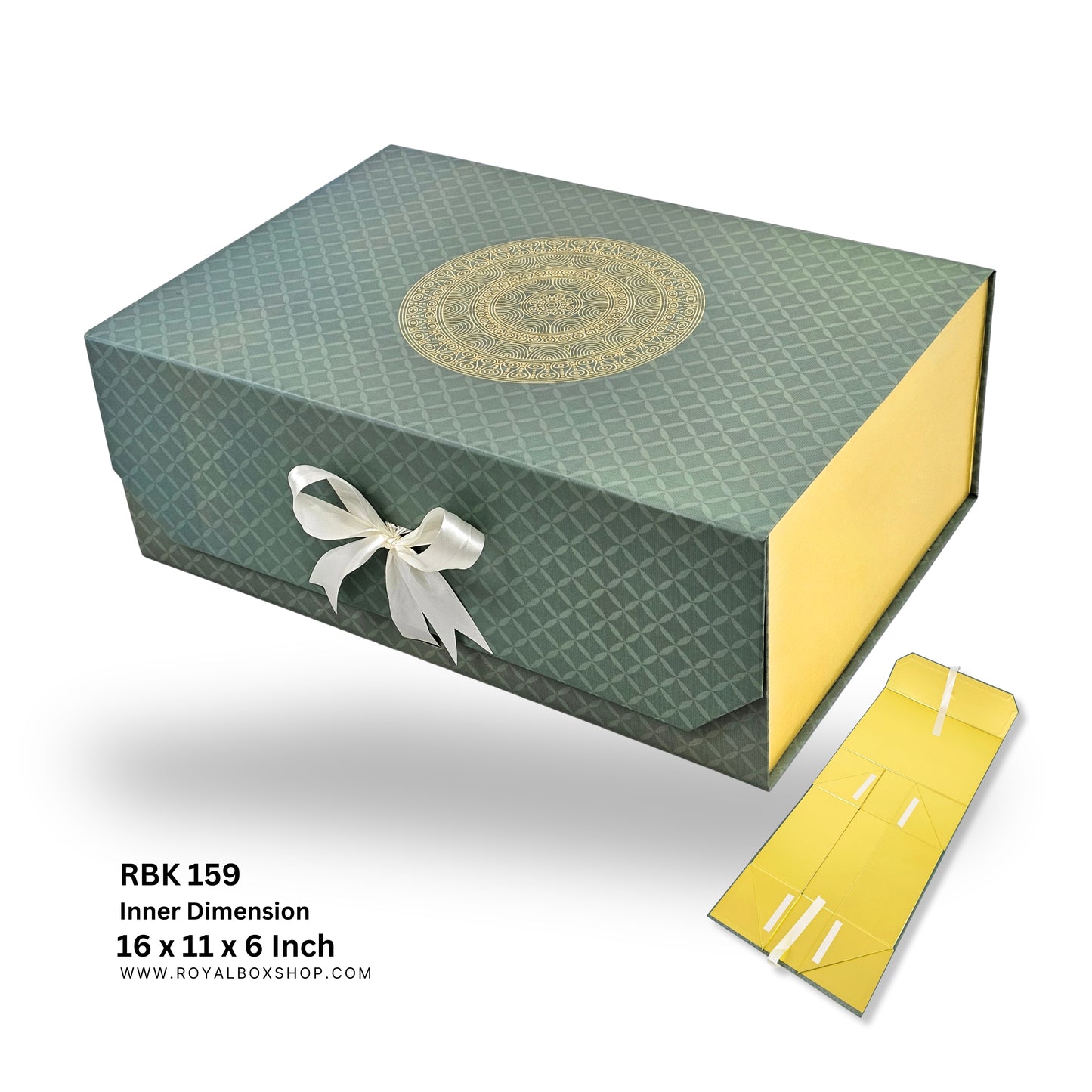 Royal Box Shop® Premium Rigid Gift Box I 16x11x6 Inch I Royal Green I Collapsible with Ribbon