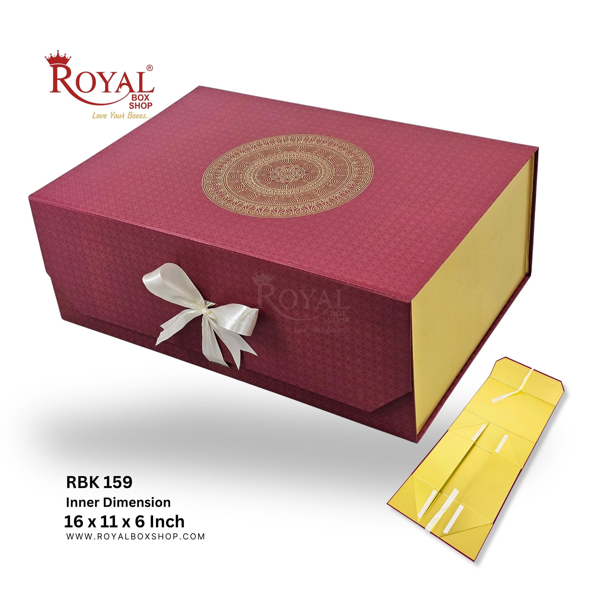 Royal Box Shop gift box packaging set, featuring a deep red textured outer box with a gold mandala design on the lid, a white ribbon bow, and a separate gold inner box shown beside it. Product text indicates dimensions 16 x 11 x 6 inches.