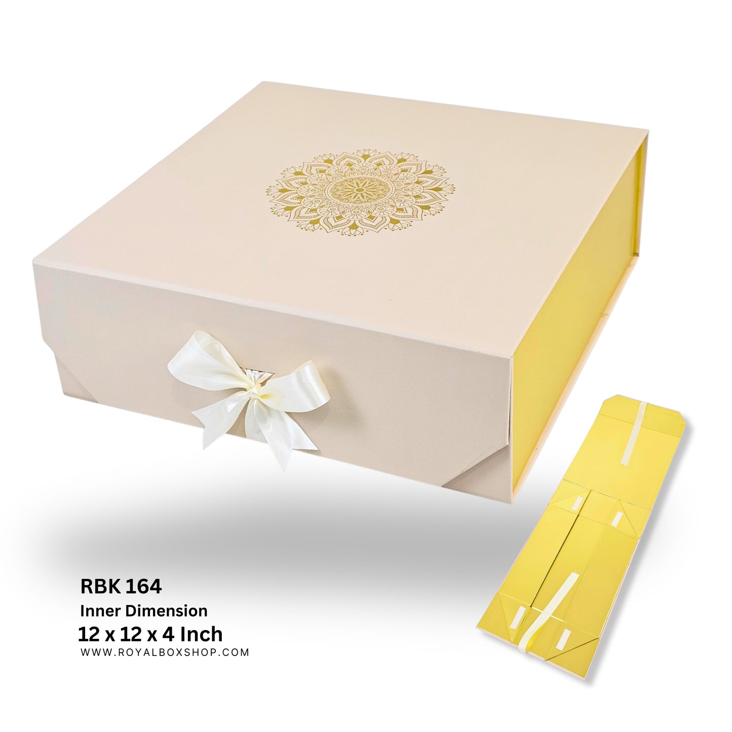 Royal Box Shop® Premium Rigid Gift Box I 12x12x4 Inch I Royal Cream I Collapsible with Ribbon