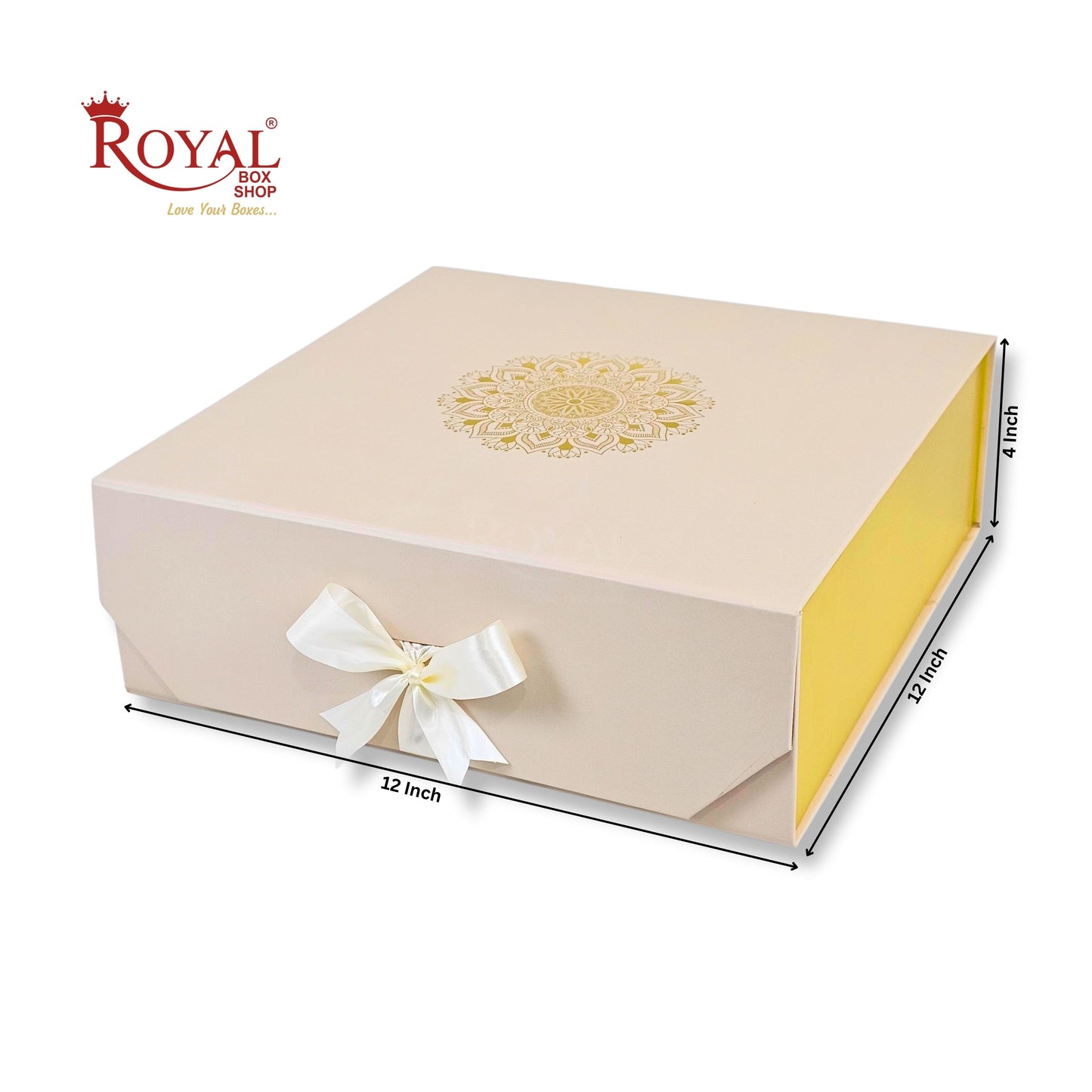 Royal Box Shop® Premium Rigid Gift Box I 12x12x4 Inch I Royal Cream I Collapsible with Ribbon