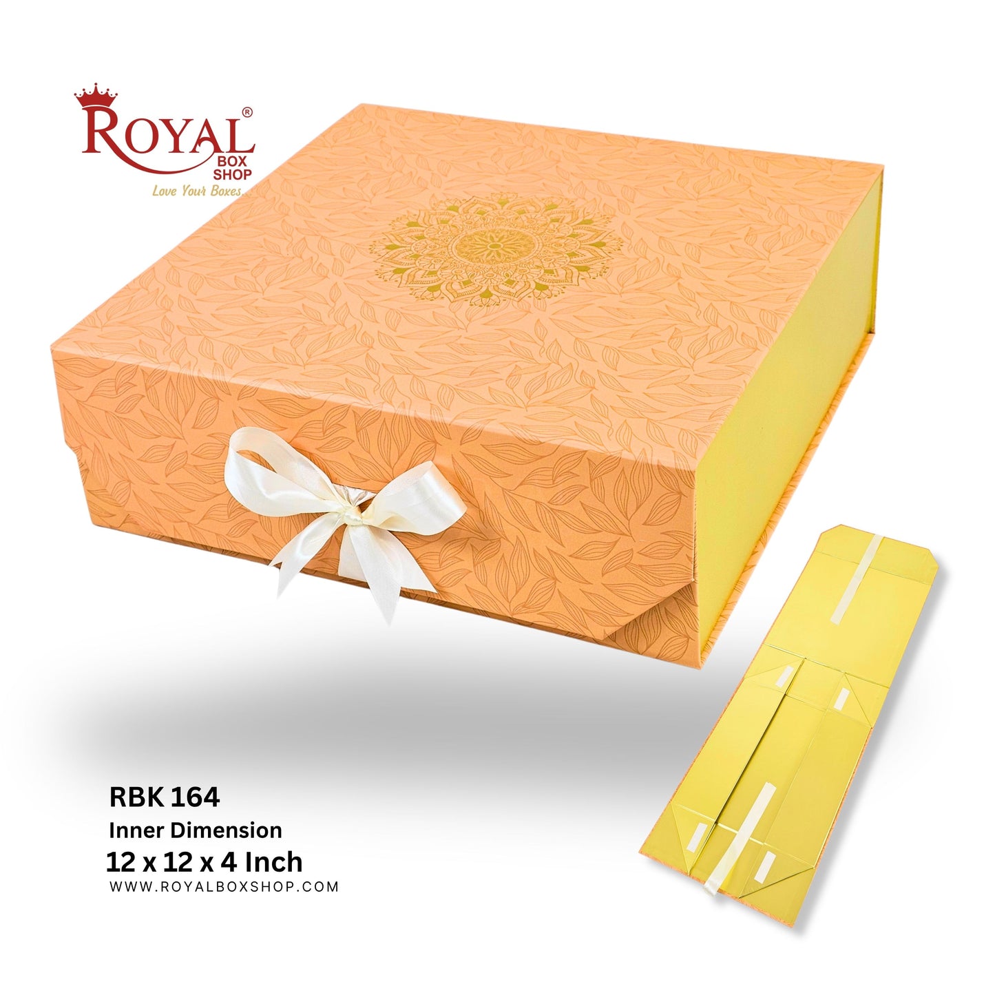 Royal Box Shop® Premium Rigid Gift Box I 12x12x4 Inch I Royal Orange I Collapsible with Ribbon