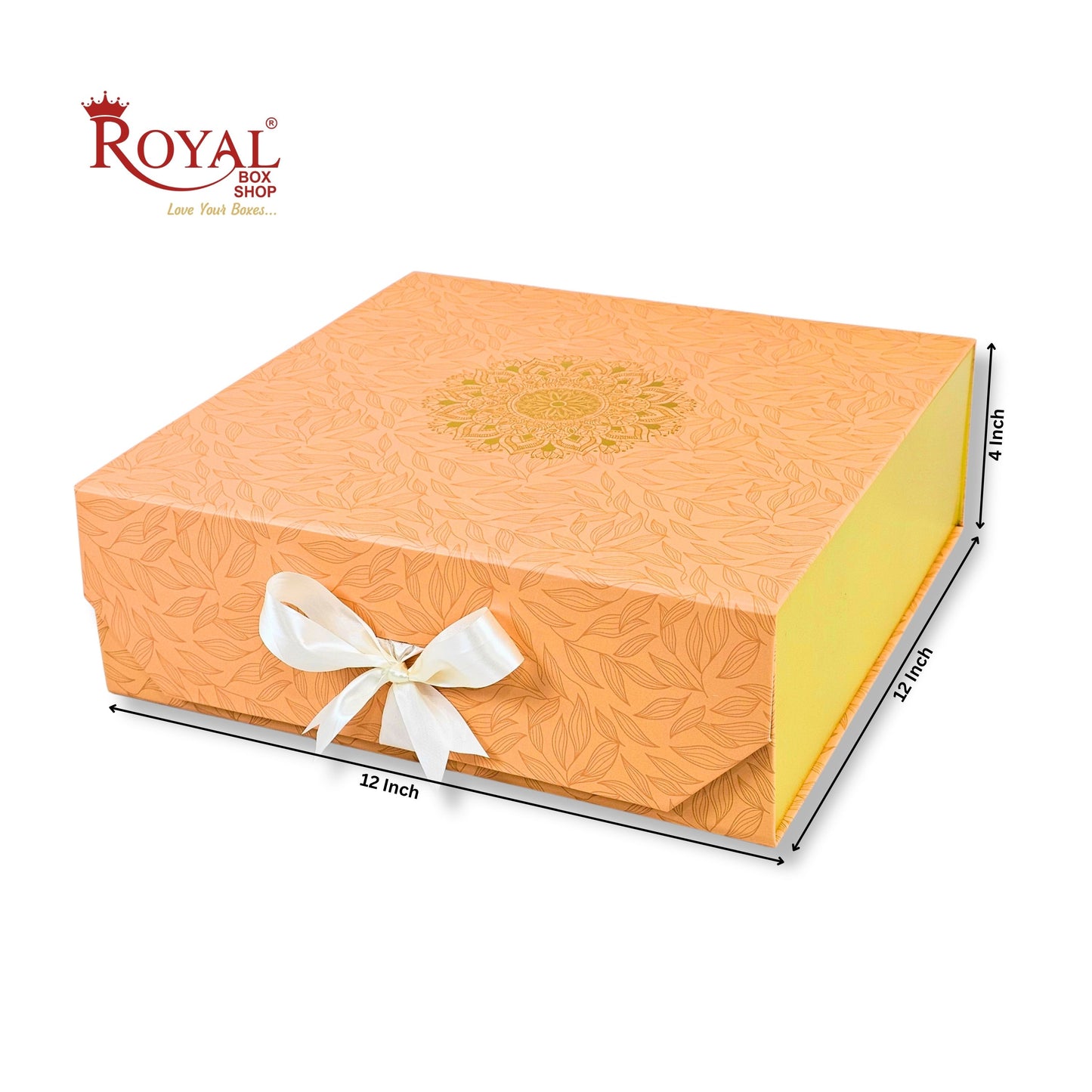 Royal Box Shop® Premium Rigid Gift Box I 12x12x4 Inch I Royal Orange I Collapsible with Ribbon