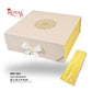 Royal Box Shop RBK 164 square gift box packaging set, featuring a beige outer box with a gold mandala design on top, a white ribbon bow, and a yellow inner dimension insert box shown beside it on a white background.