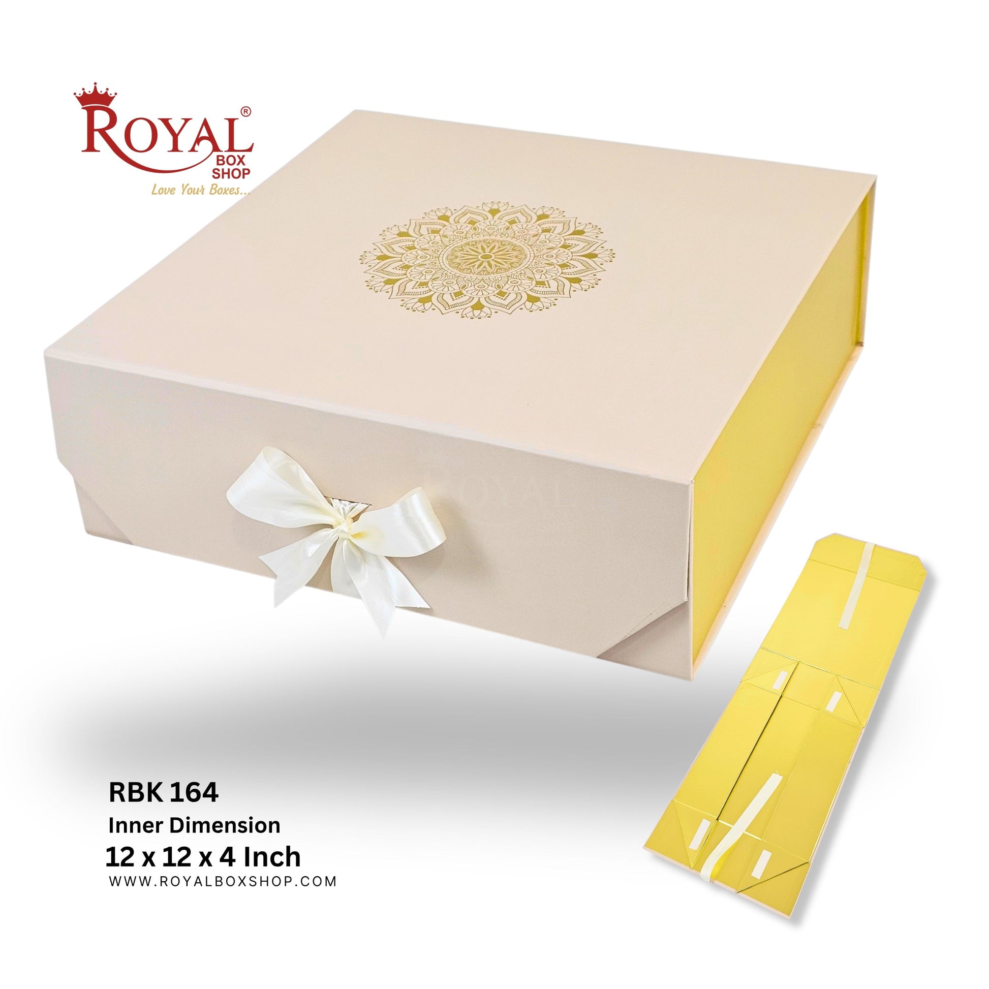 Royal Box Shop RBK 164 square gift box packaging set, featuring a beige outer box with a gold mandala design on top, a white ribbon bow, and a yellow inner dimension insert box shown beside it on a white background.