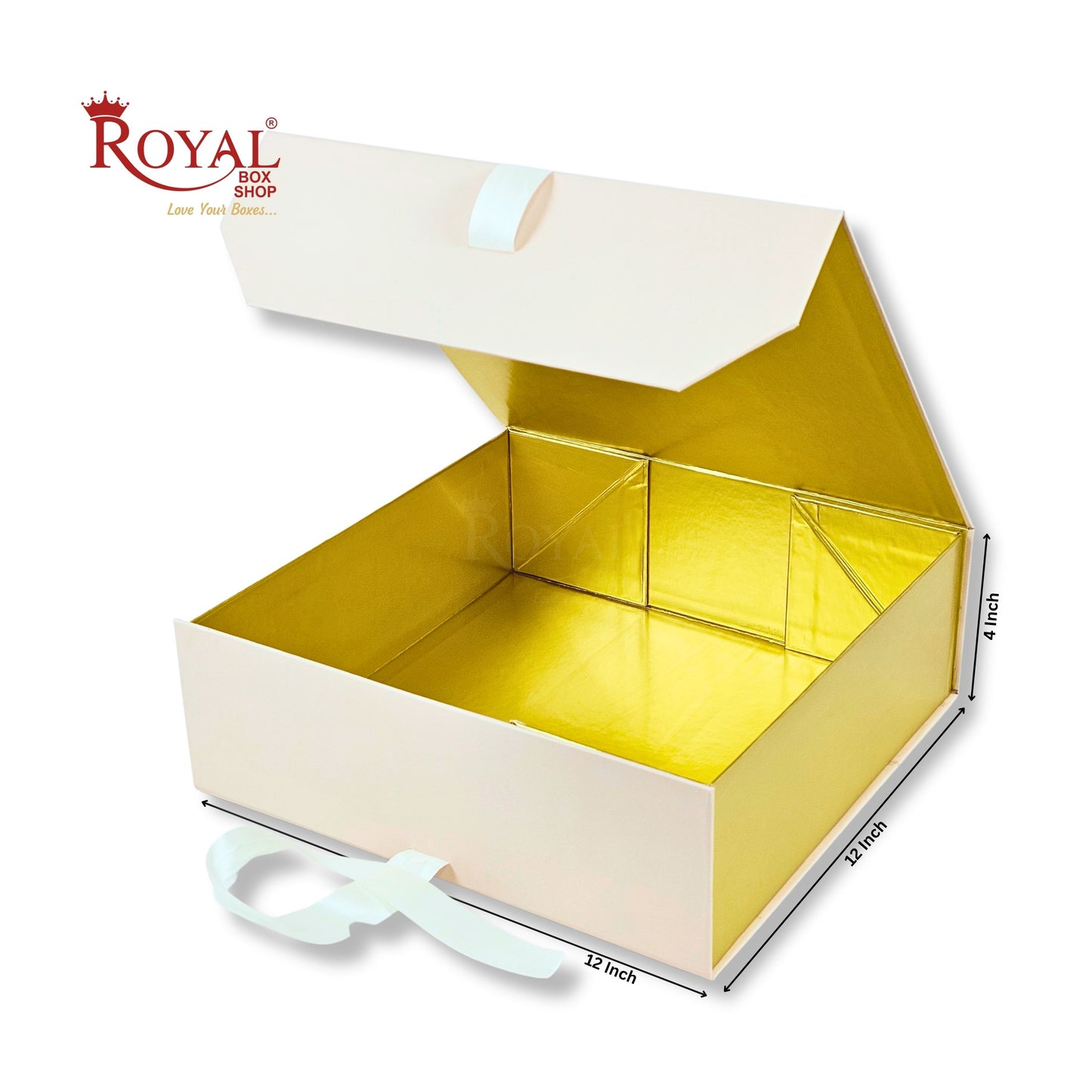 Royal Box Shop® Premium Rigid Gift Box I 12x12x4 Inch I Royal Cream I Collapsible with Ribbon