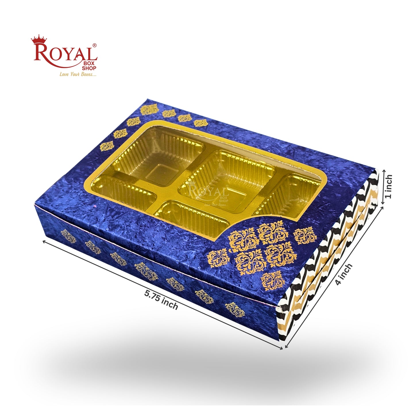 Premium 6 Cavity Chocolate Gift Box | RCH-06 | Festive Blue with Golden Tray & Window