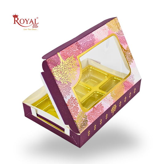 Premium 6 Cavity Chocolate Gift Box | RCH-06 | Festive Magenta with Golden Tray & Window