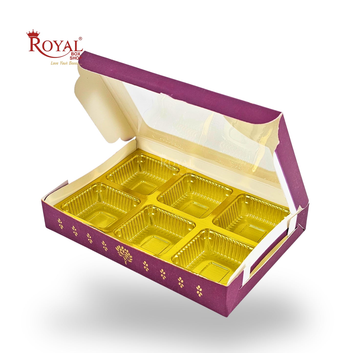 Premium 6 Cavity Chocolate Gift Box | RCH-06 | Festive Magenta with Golden Tray & Window