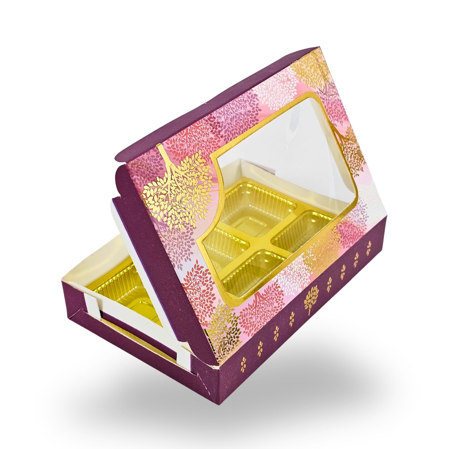Premium 6 Cavity Chocolate Gift Box | RCH-06 | Festive Magenta with Golden Tray & Window