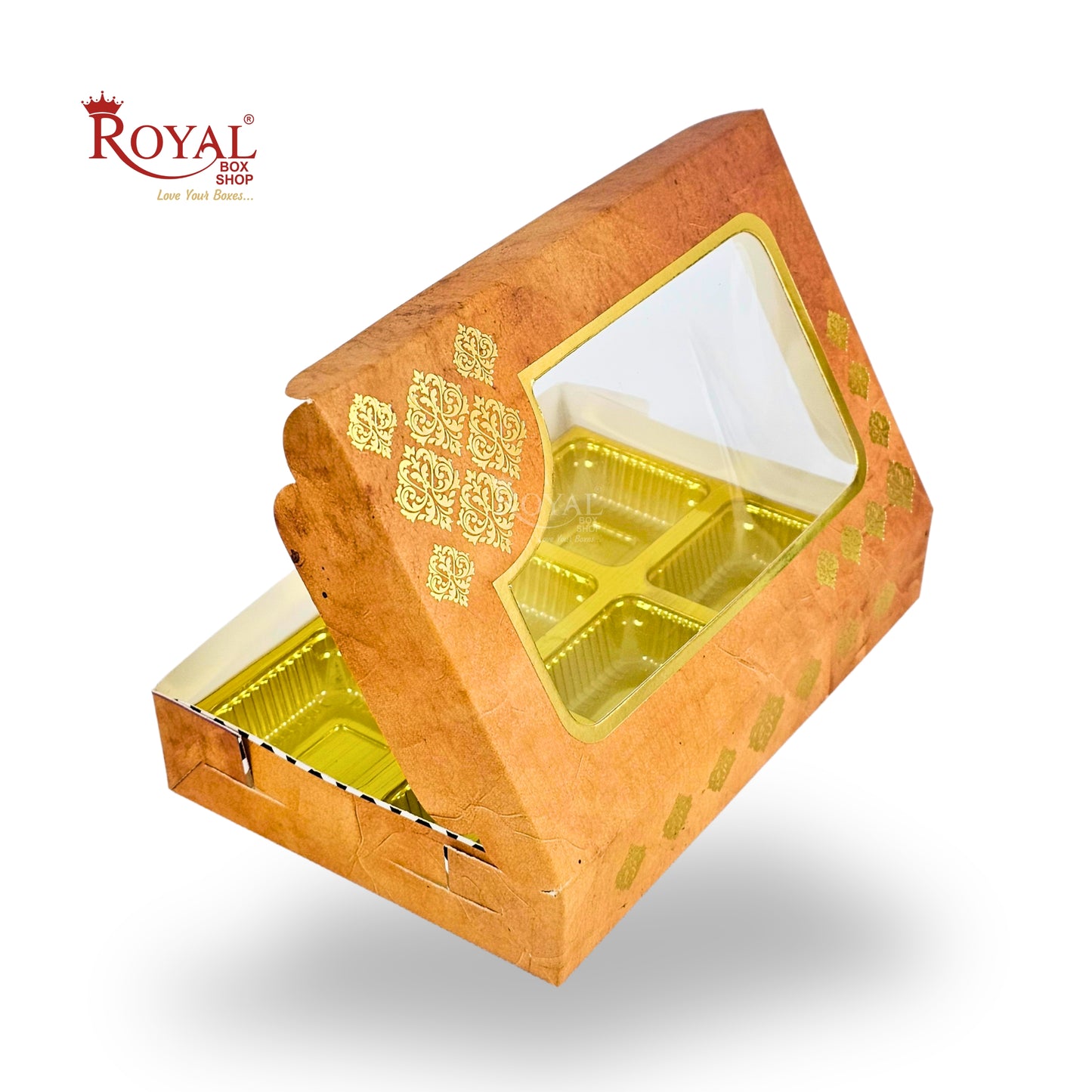 Premium 6 Cavity Chocolate Gift Box | RCH-06 | Festive Yellow with Golden Tray & Window