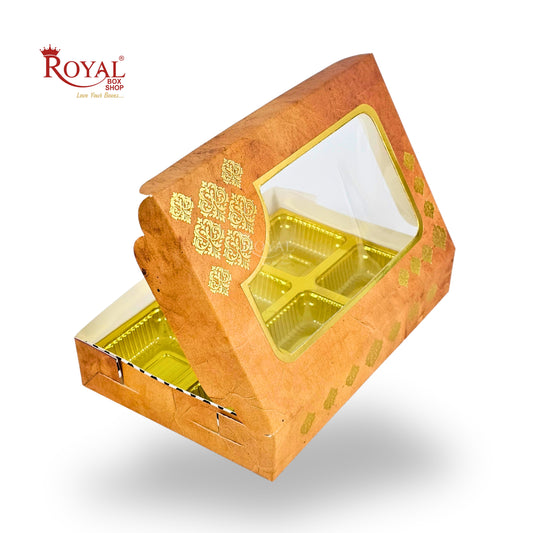Premium 6 Cavity Chocolate Gift Box | RCH-06 | Festive Yellow with Golden Tray & Window