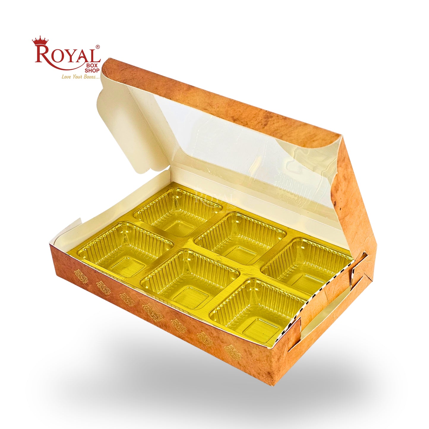 Premium 6 Cavity Chocolate Gift Box | RCH-06 | Festive Yellow with Golden Tray & Window
