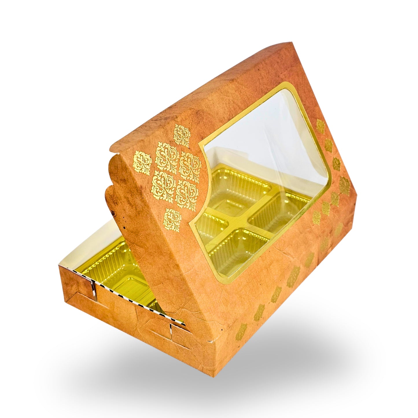 Premium 6 Cavity Chocolate Gift Box | RCH-06 | Festive Yellow with Golden Tray & Window