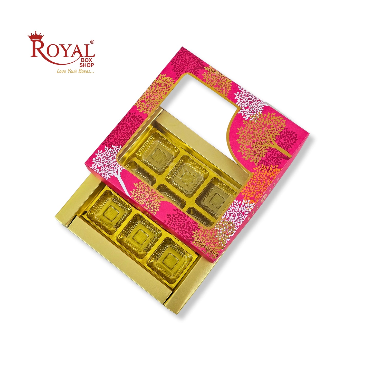 RoyalBoxShop® 9 Cavity Chocolate Box | RCH-09 D3 | Window Lid | Golden Tray