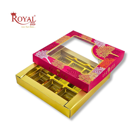 RoyalBoxShop® 9 Cavity Chocolate Box | RCH-09 D3 | Window Lid | Golden Tray