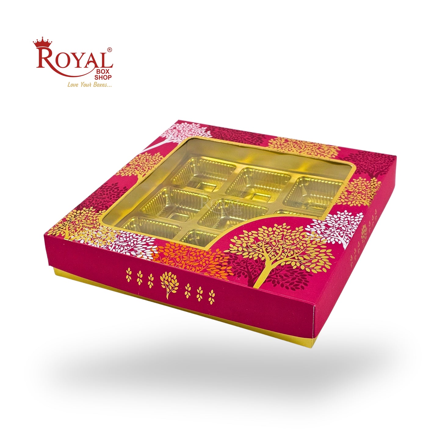RoyalBoxShop® 9 Cavity Chocolate Box | RCH-09 D3 | Window Lid | Golden Tray