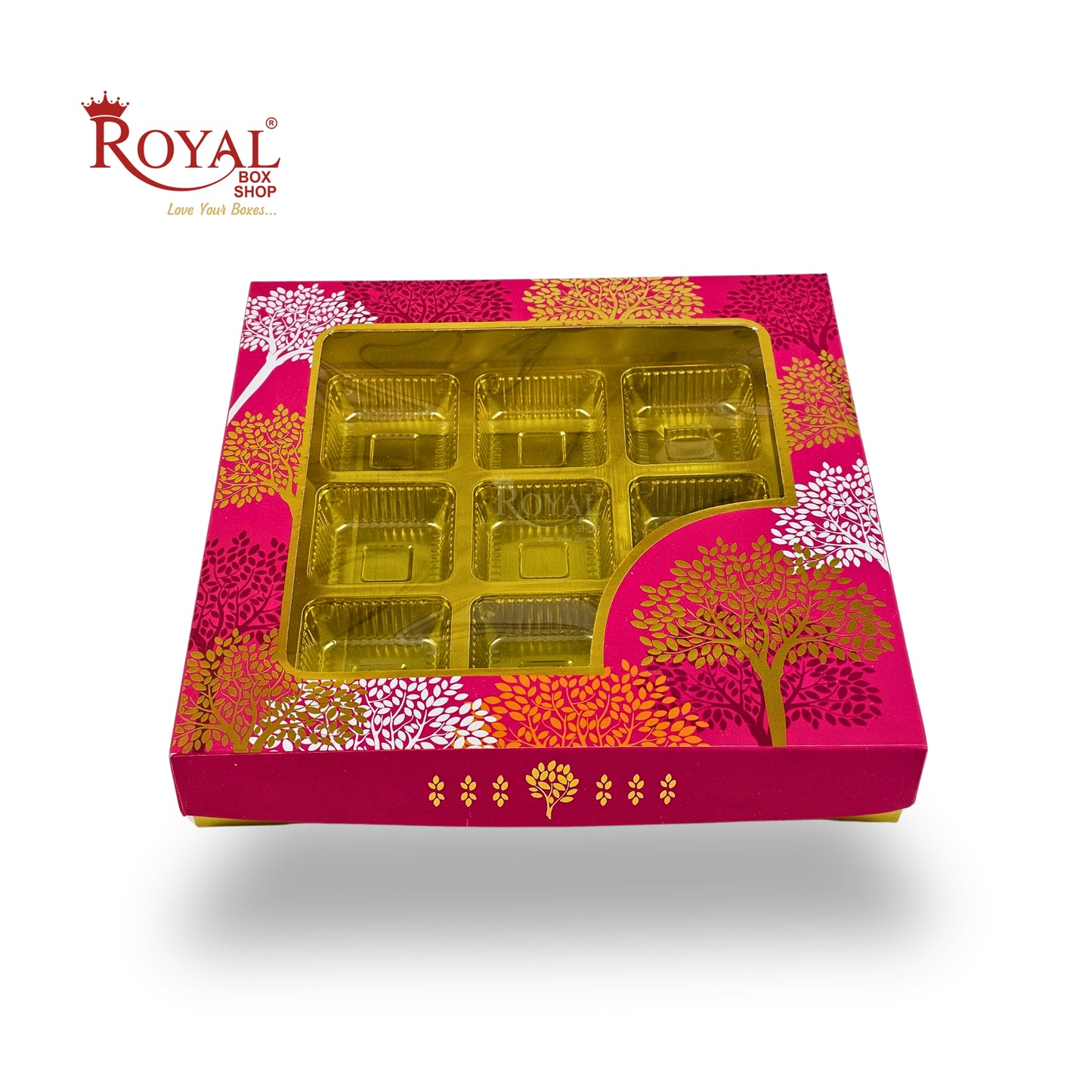 RoyalBoxShop® 9 Cavity Chocolate Box | RCH-09 D3 | Window Lid | Golden Tray