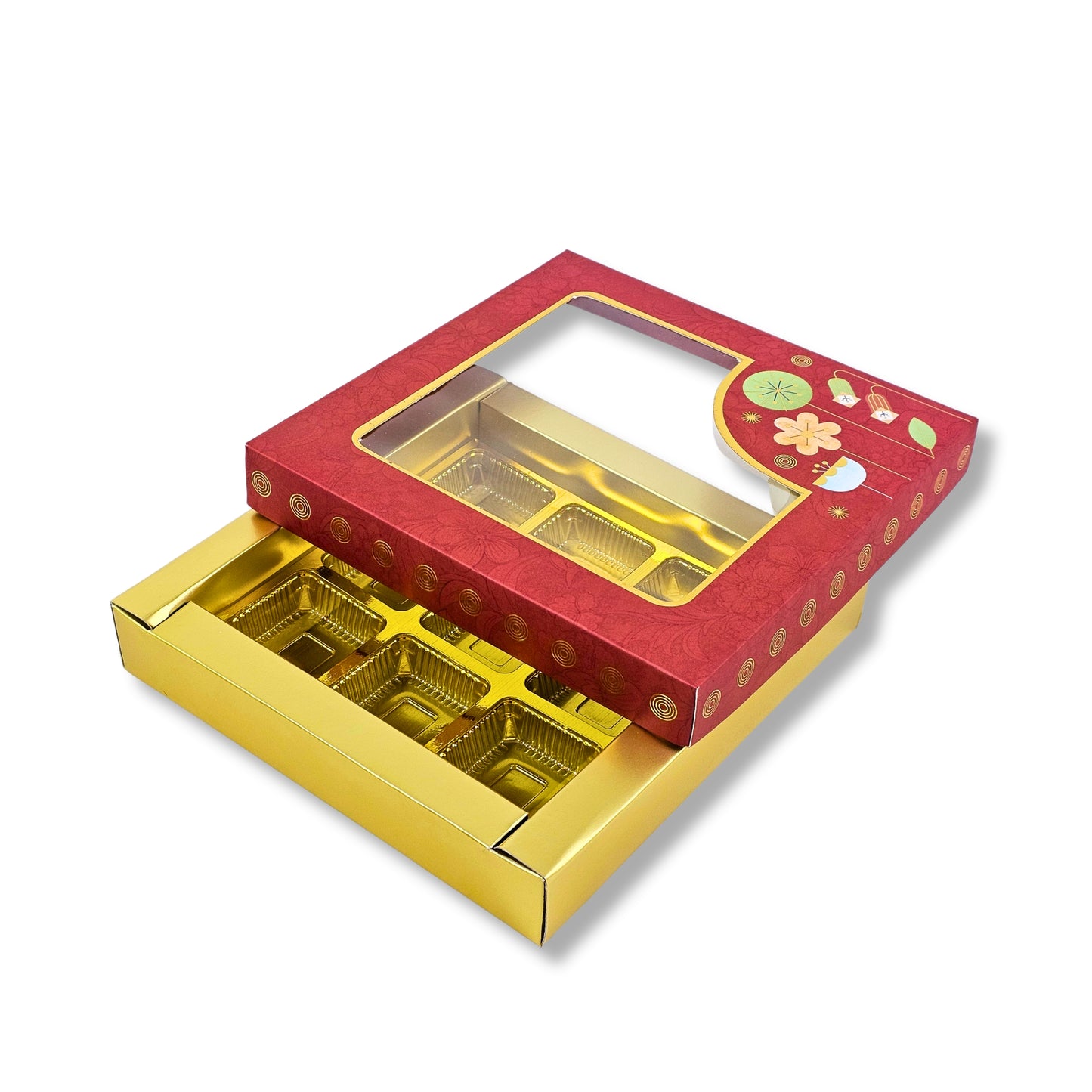 RoyalBoxShop® 9 Cavity Chocolate Box | RCH-09 D2 | Window Lid | Golden Tray