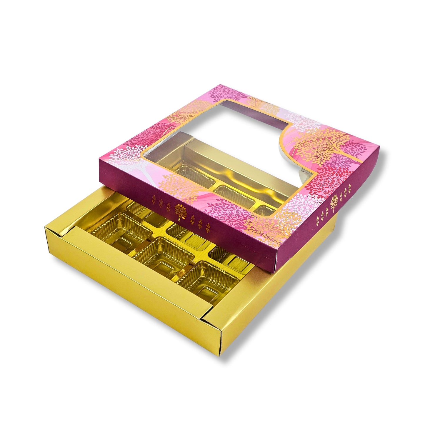 RoyalBoxShop® 9 Cavity Chocolate Box | RCH-09 D5 | Window Lid | Golden Tray