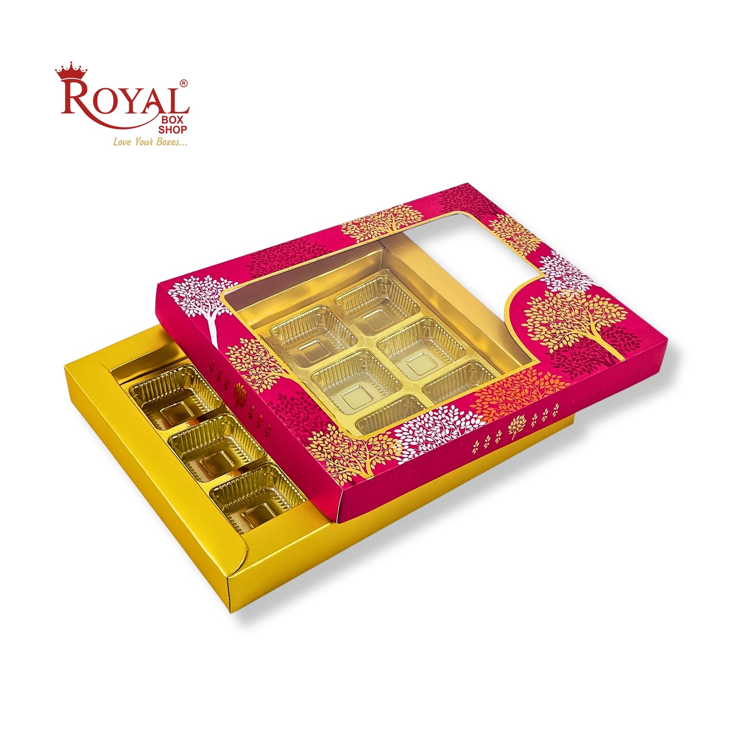 RoyalBoxShop® 12 Cavity Chocolate Box | RCH-12 D3 | Window Lid | Golden Tray