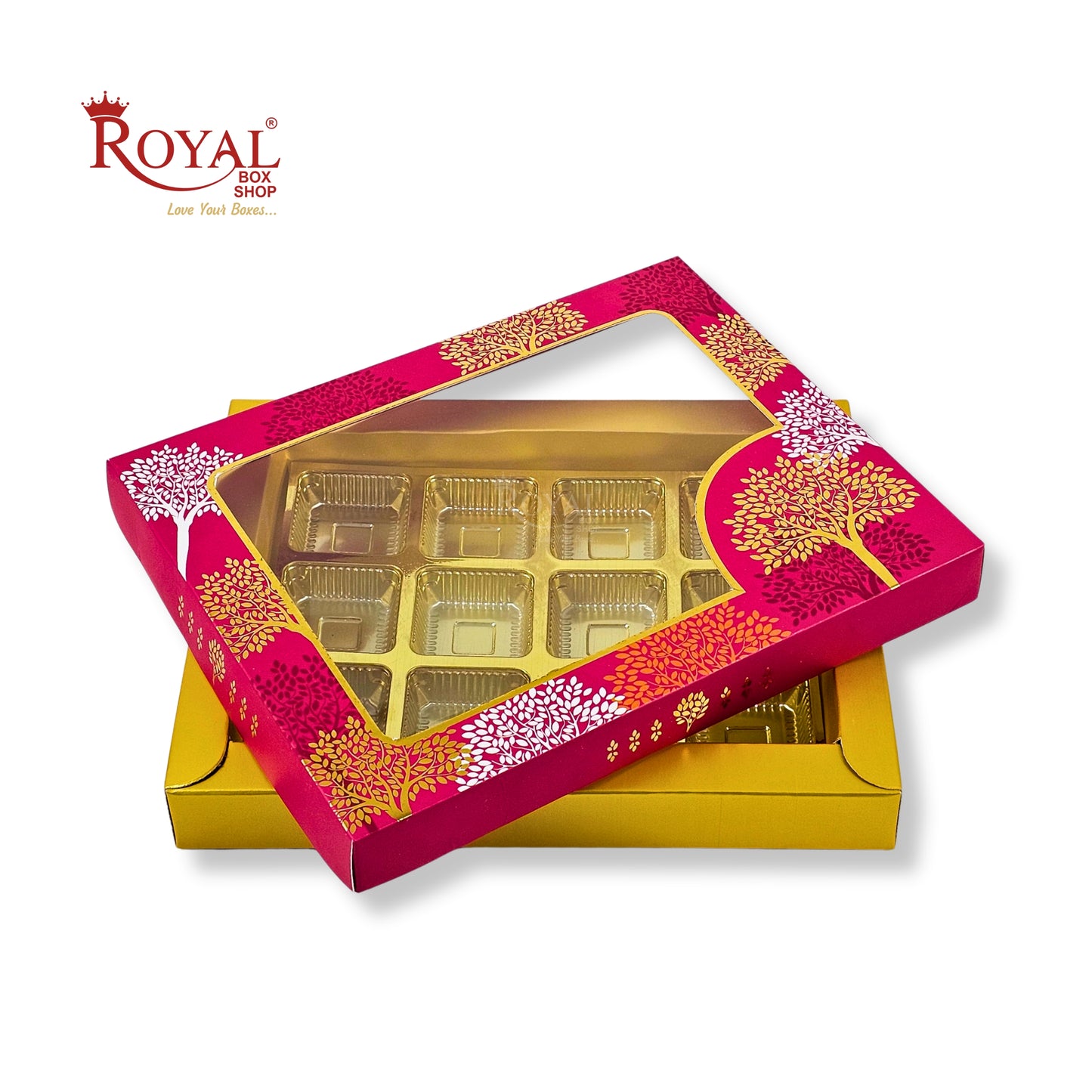 RoyalBoxShop® 12 Cavity Chocolate Box | RCH-12 D3 | Window Lid | Golden Tray